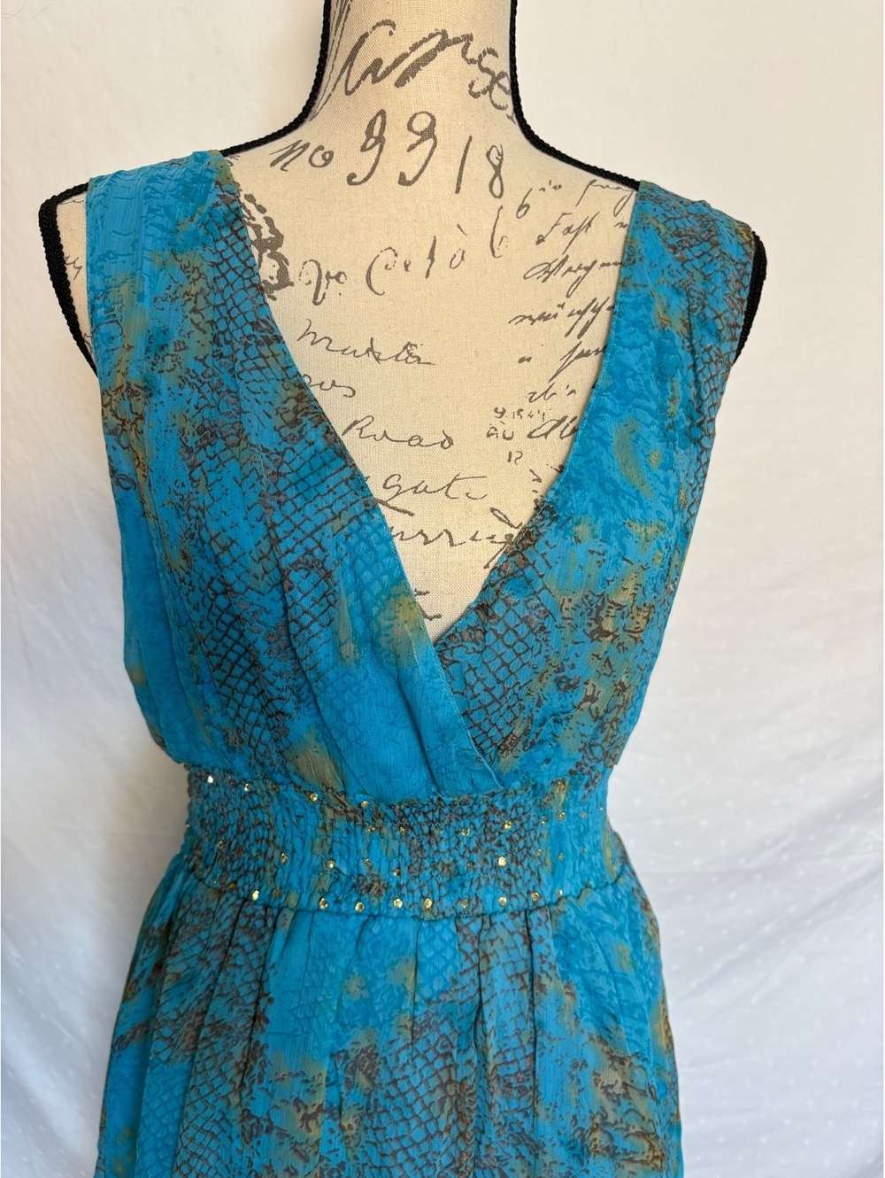 NWT JESSICA TAYLOR TURQUOISE BLUE PRINTED CHIFFON BEADED HI-LOW DRESS WOMENS 3X.